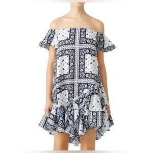 NWT Cinq A Sept Minella Dress Off the Shoulder 4 Bandana Print Summer White blue